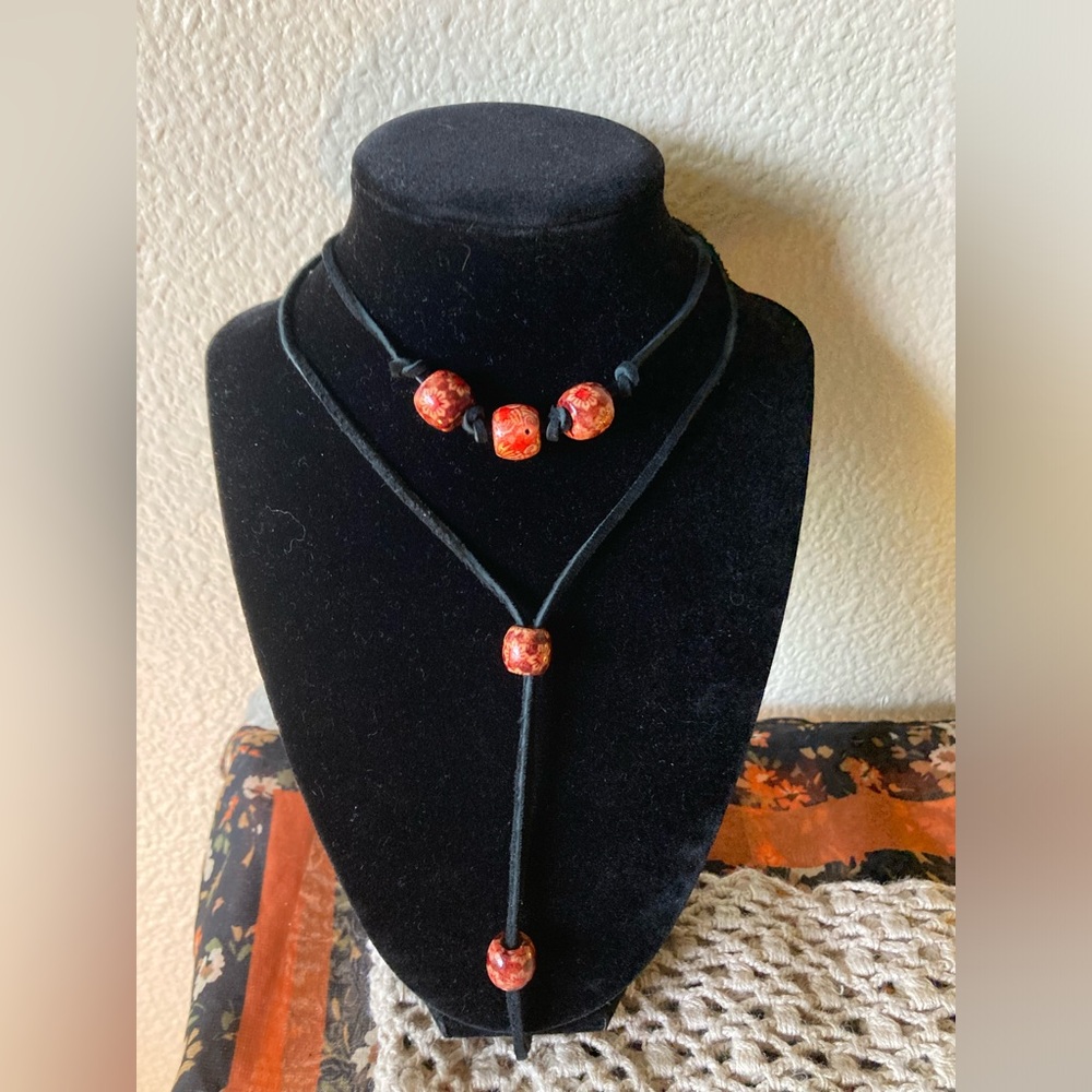 Handmade Red Wood Beaded Lariat Necklace with Black Suede Cord